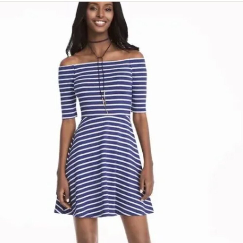 NWT WHBM Off the Shoulder Fit & Flare Dress Blue White Stripe Medium Nautical